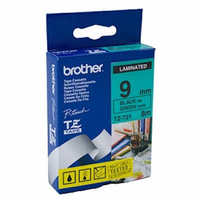 BROTHER LAMINATED TAPE 9 MM.FOR PT-1650/ 1830/2300   (BLACK/GREEN)